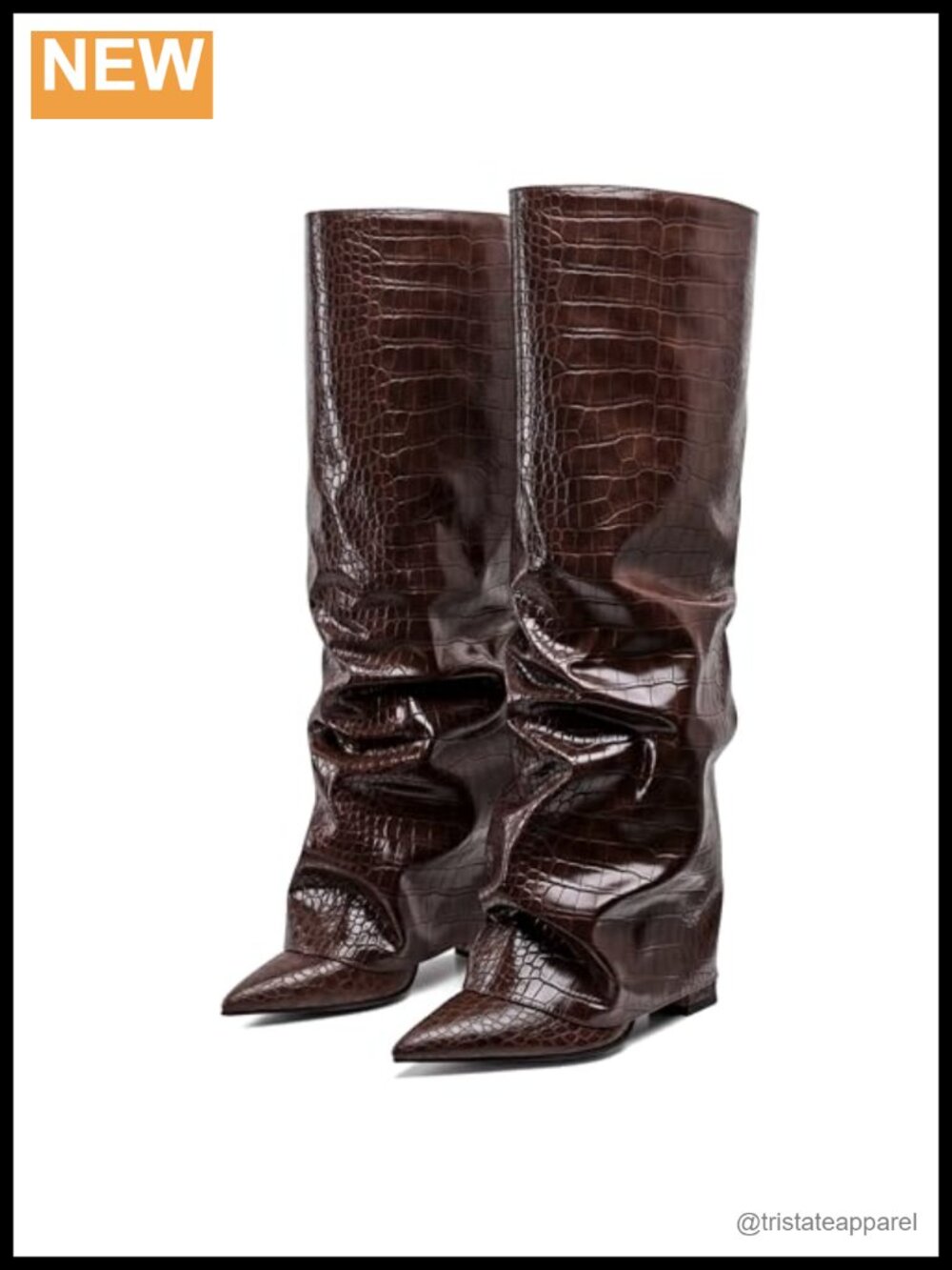 Wide Calf Knee High Boots Chunky Heel Pointed Toe Slip On Fall Winter